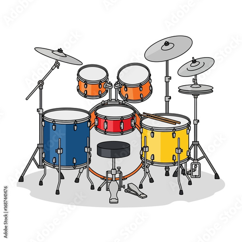 Colorful Drum Set with Cymbals and Accessories