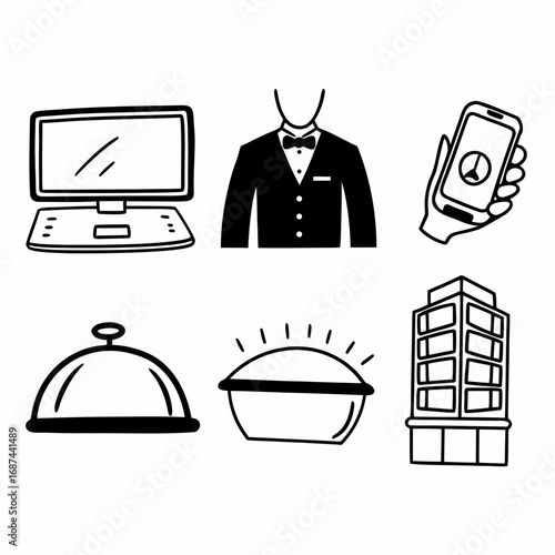 Hand drawn hotel services icons computer, butler, smartphone, building