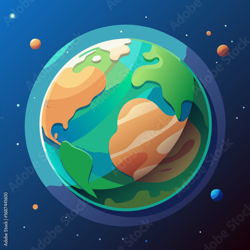 An astronomy illustration shows our world, the moon, and stars in the vast universe
