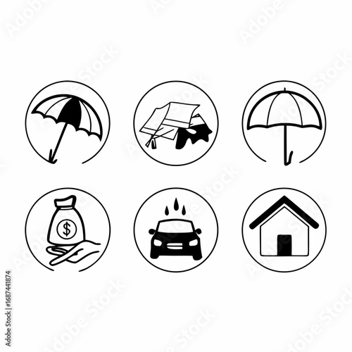 Insurance icons set protection for car, house, and money with umbrella