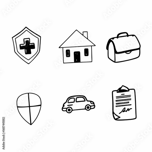 Insurance doodle icon set with shield, house, car, document, briefcase
