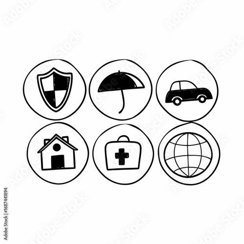 Insurance doodle icon set with shield, umbrella, car, house, globe