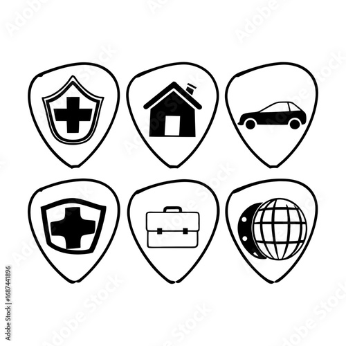 Insurance icons set protection, home, car, health, business, and global coverage