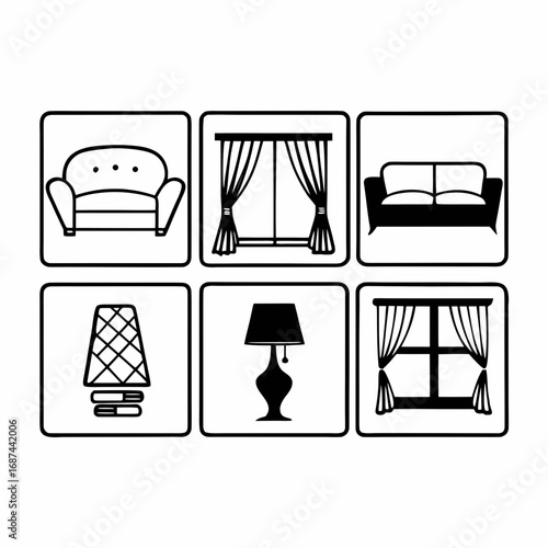 Interior design elements icons set furniture and decoration symbols