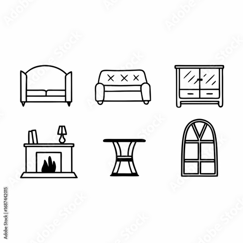 Hand drawn furniture icons set interior design elements and decoration