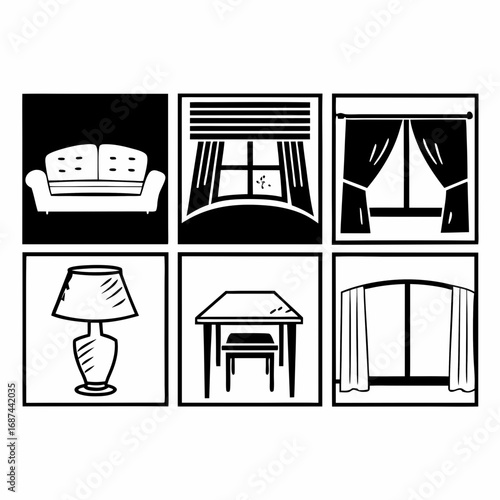 Interior design elements in square frames, furniture and decor