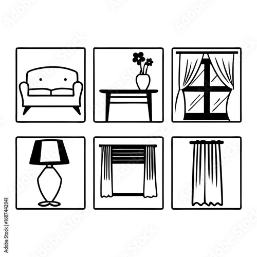 Interior design elements in square frames, furniture and decor