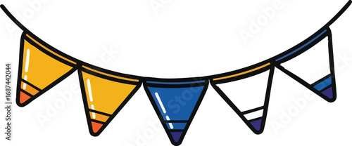 Colorful crayon-shaped bunting flags strung together in a celebratory arc.