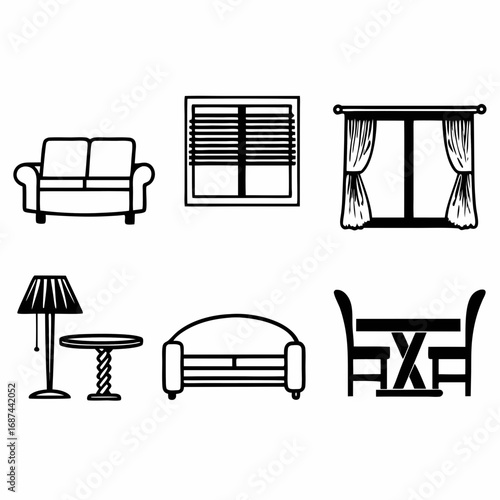 Furniture icons set, interior design elements in simple style