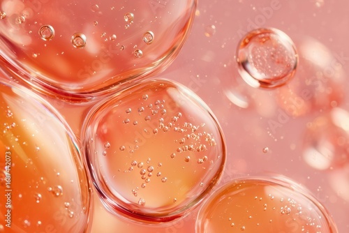 Macro shot of transparent orange pink cosmetic gel serum texture with floating air bubbles in liquid skincare background