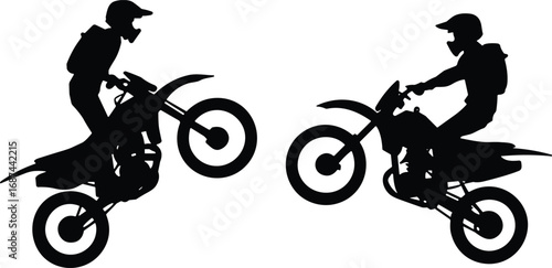 Silhouette motocross riders performing stunts, extreme sport motorbike jumps, dirt bike action vector illustration