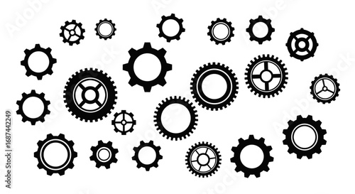 A collection of various gear shapes, rendered in black, scattered on a white background.
