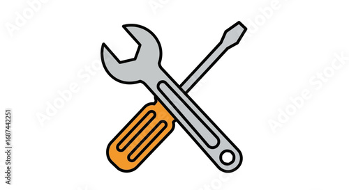 A graphic illustration depicts a wrench and screwdriver crossed over a white background.
