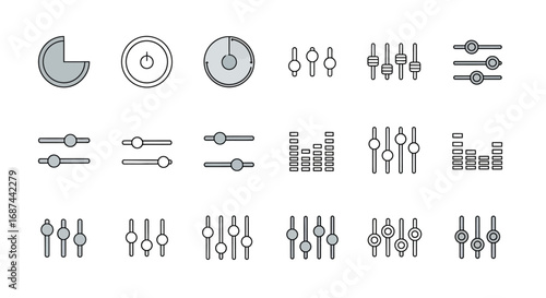 A collection of minimalist line art icons depicting various settings, controls, and adjustment sliders.