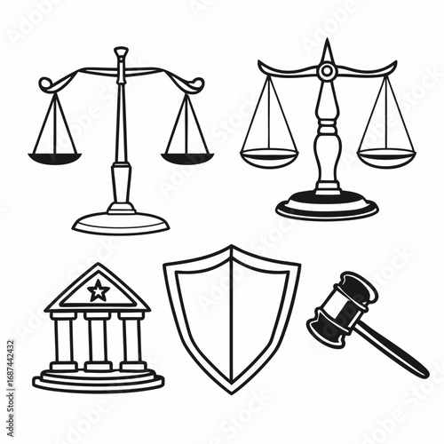 Scales of justice, gavel, shield, and courthouse representing law and order