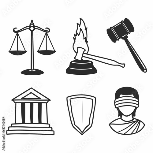 Scales of justice, gavel, shield, courthouse, and blindfolded figure