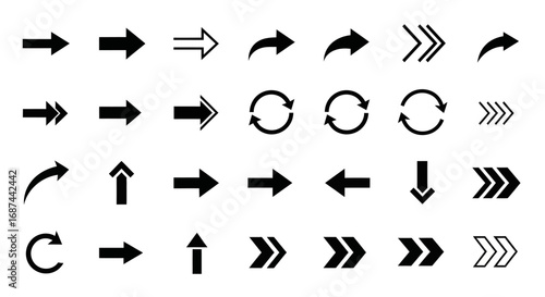 Collection of various black arrow icons, indicating direction, navigation, and cyclical processes.