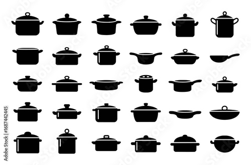 Collection of Black and White Icons Representing Various Cooking Pots and Pans