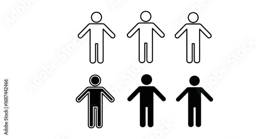 Six stylized human figures, some outlined, others filled, arranged in two rows.