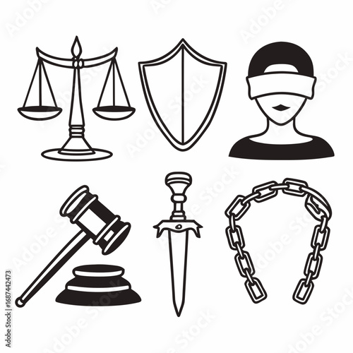 Scales of justice, gavel, shield, blindfolded figure, sword, and chain