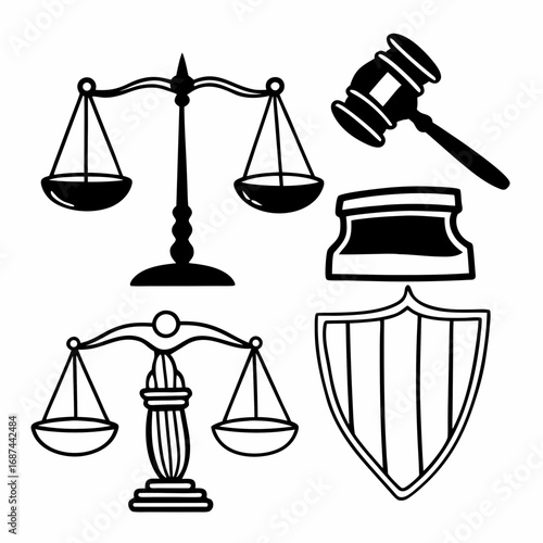 Justice and law icon set, featuring scales, gavel, and shield