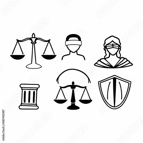 Justice and law icon set, featuring scales, blindfold, and shield