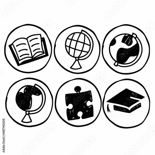 Illustration of education icons including a book, globe, puzzle, and graduation cap