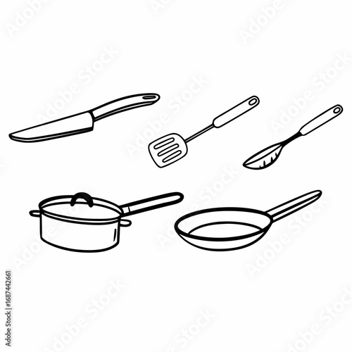 Illustration of kitchen utensils and cooking equipment