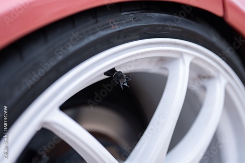 Photos Black crown-shaped valve stem cap.