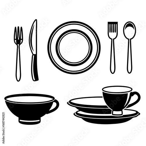 Cutlery and tableware set with plate, cup, fork, knife, spoon