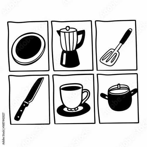 Hand drawn kitchenware, including plate, coffee maker, spatula, knife, cup, pot