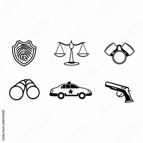 Illustration of police car, shield, binocular, gun, and scale