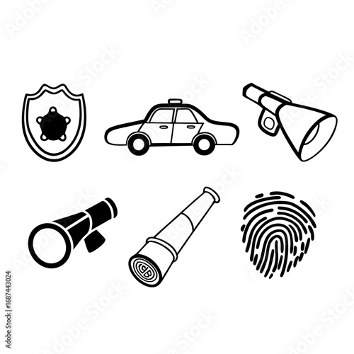 Police and law enforcement icons set, featuring car, shield, megaphone, telescope