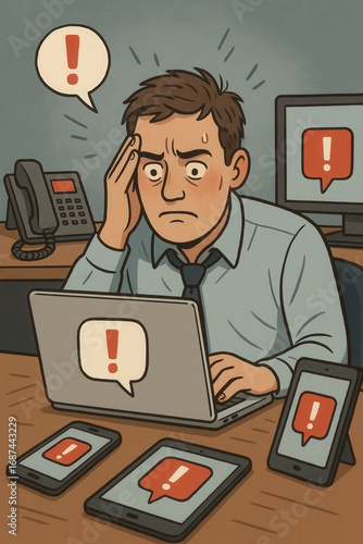 Cartoon illustration of stressed businessman surrounded by multiple devices showing alert notifications. Concept of digital overload, work stress and information fatigue
