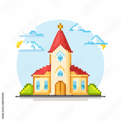  Pixel Art Church Building Icon, Christian Chapel Illustration
