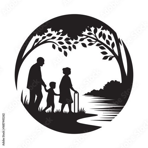 grandparents with kids vector silhouette clipart logo design illustration