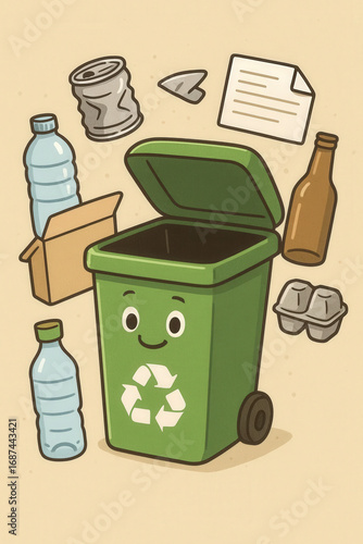 Cartoon illustration of green recycling bin with smiling face surrounded by bottles, can, paper and cardboard. Concept of waste sorting, recycling and sustainability
