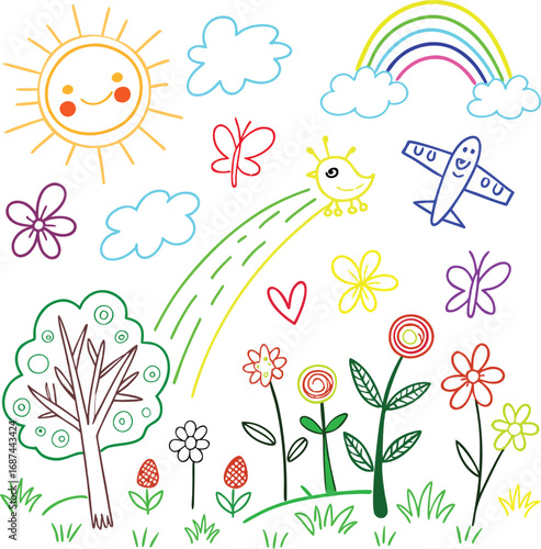 Colorful Kids Doodle Nature Set – Hand Drawn Cartoon Style Vector with Sun, Rainbow, Clouds, Trees, Flowers, Animals, and Plane for Education, Art, Decor, and Children’s Designs