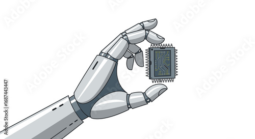 White robotic hand holding a dark square microchip processor.