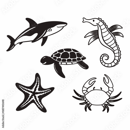 Marine life collection featuring shark, seahorse, turtle, starfish, and crab