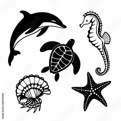 Marine animal collection with dolphin, seahorse, turtle, starfish, and shell