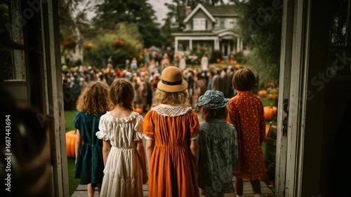 Wallpaper Mural Children in Vintage Clothing at a Festive Outdoor Gathering Surrounded by Pumpkins and Autumn Decor with a Historical House in the Background Torontodigital.ca