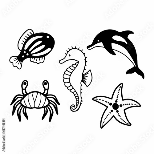 Marine animal set with fish, dolphin, seahorse, crab and starfish