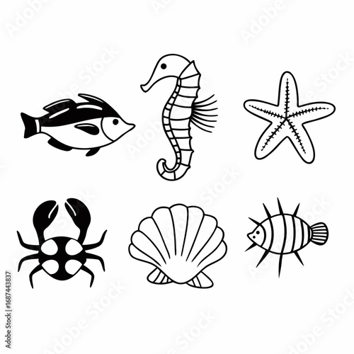 Sea animals vector set fish, seahorse, starfish, crab and shell