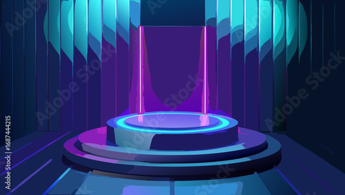 A 3d render of a stage with a spotlight, a tower of scales with a symbol of justice on top