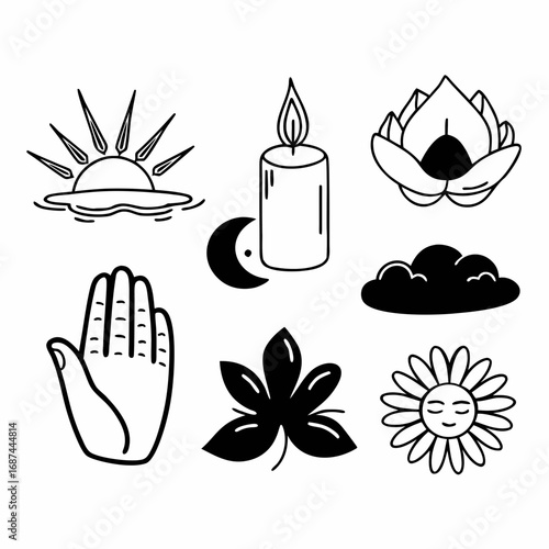 Collection of spiritual and nature doodles, representing peace and mindfulness