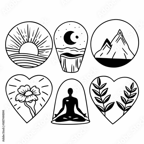 Collection of spiritual symbols representing nature, yoga, and meditation