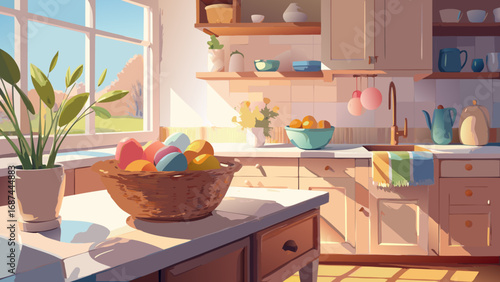 Contemporary kitchen interior with wooden furniture, a glass window, and flower pots on the table