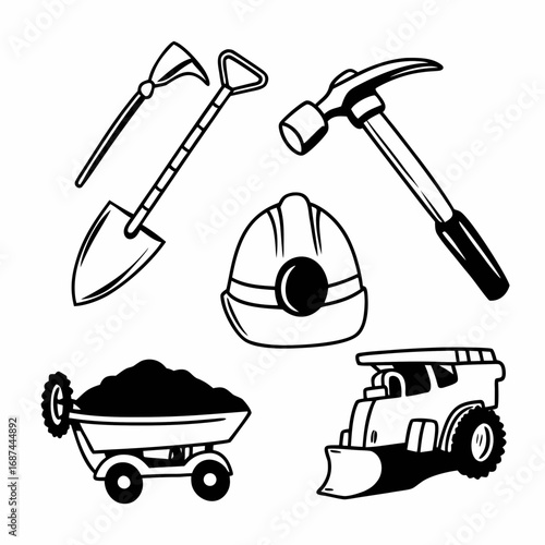 Mining equipment icons set collection of tools and objects for mining