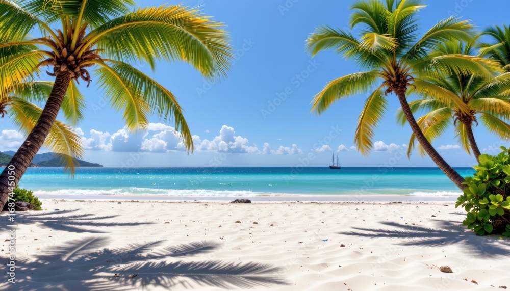 Fototapeta premium Relaxing Tropical Beach Scene with Palm Trees Crystal Clear Waters Sunny Day Paradise Island Getaway